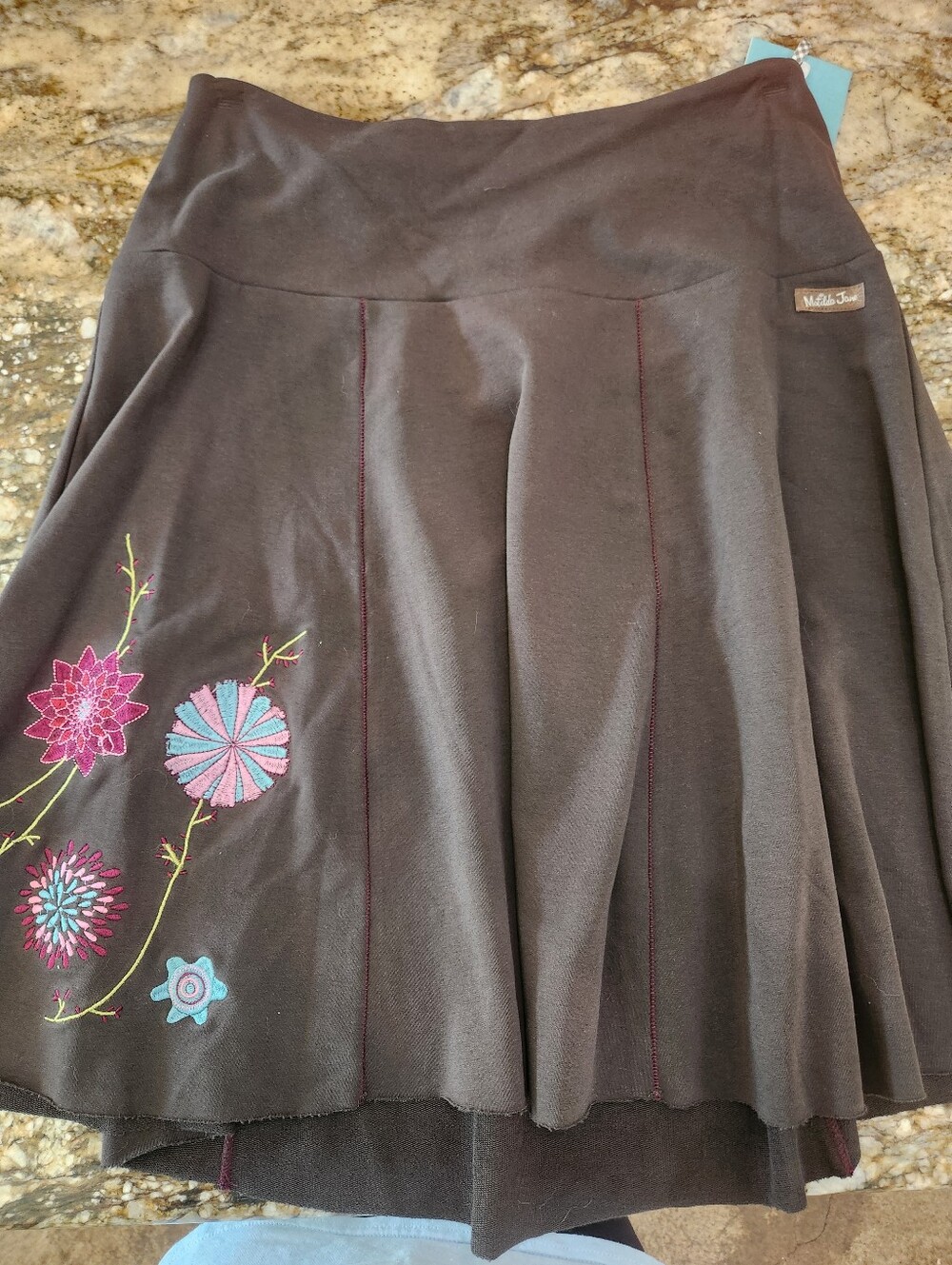MJ Brown Circle Skirt with Pink & Blue Floral Embroidery